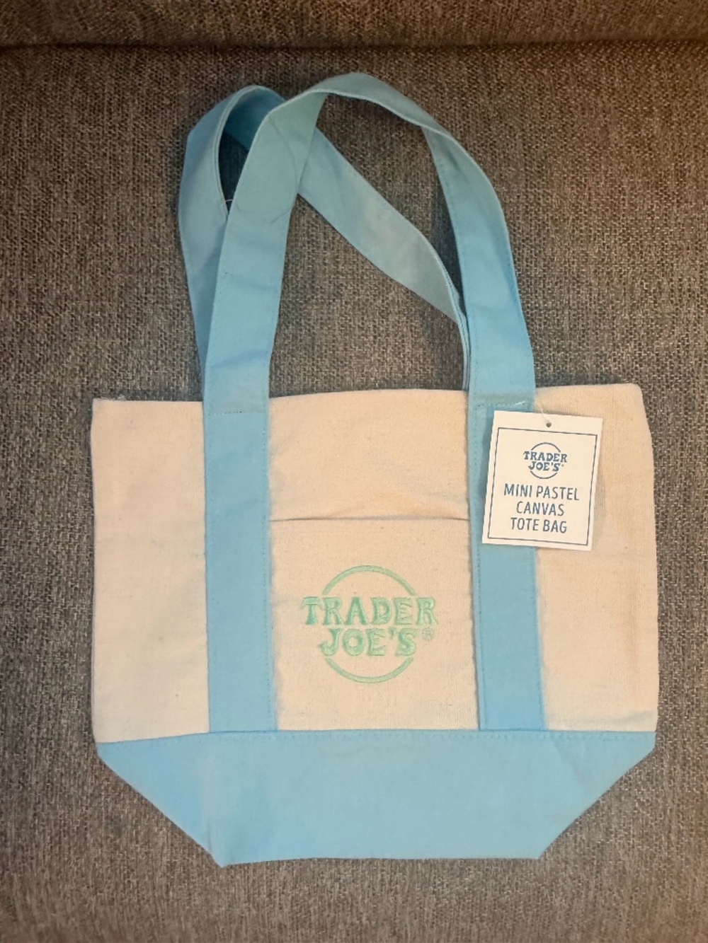 NWT | Trader Joe's Pastel Mini Canvas Tote | Blue with Green Logo
